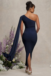 Navy Maternity One Shoulder Maxi Dress with Cape Sleeve